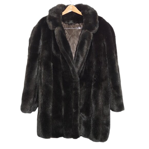 Vintage Dark Brown Faux Fur Coat Size L Mob Wife Glam 80s 90s Plush Winter - Picture 1 of 7